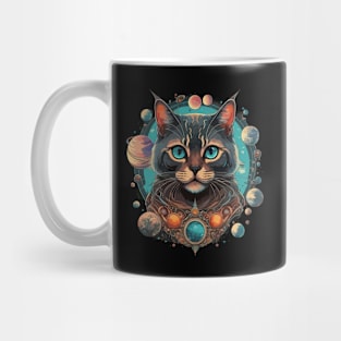 cat with planets in the background, cat in space Mug